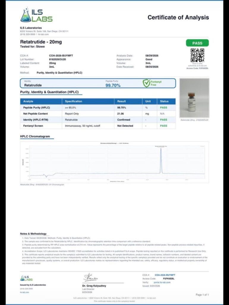 Third-party laboratory test report in the ExoLabz certificate collection: purity by HPLC, identity by HPLC retention time
