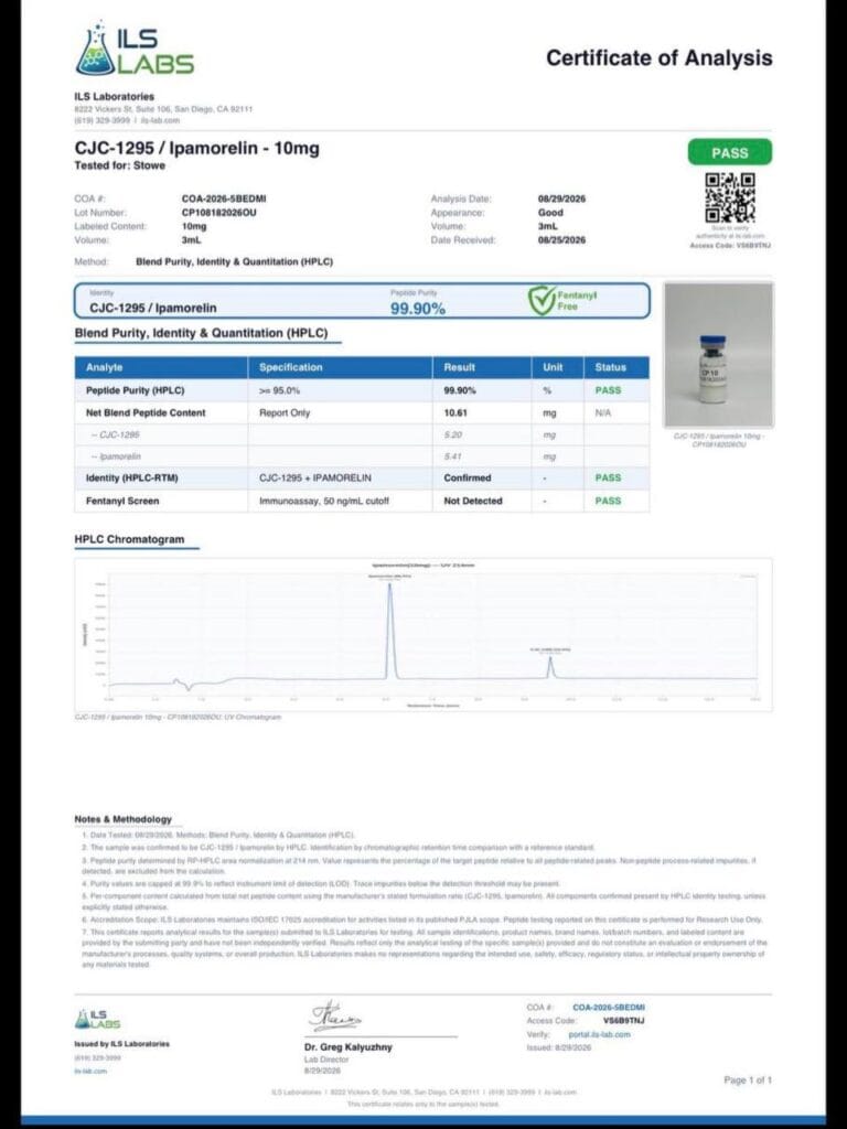 ILS Laboratories certificate of analysis for the CJC-1295 and Ipamorelin 10mg blend: purity by HPLC, identity by HPLC retention time