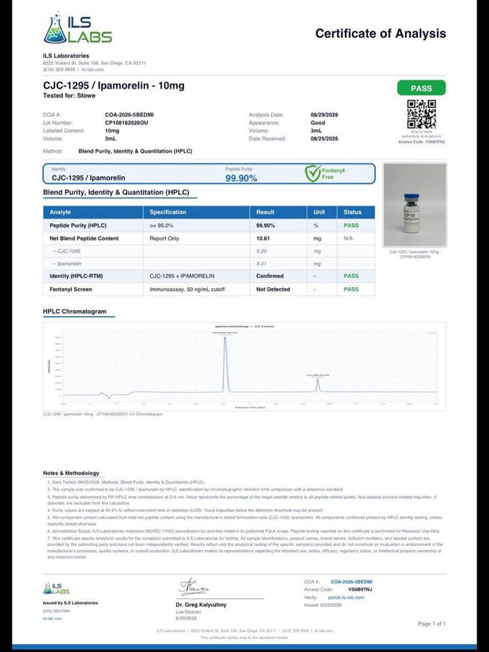 ILS Laboratories certificate COA-2026-5BEDMI for CJC-1295 / ipamorelin 10mg showing 99.90% HPLC purity and chromatogram