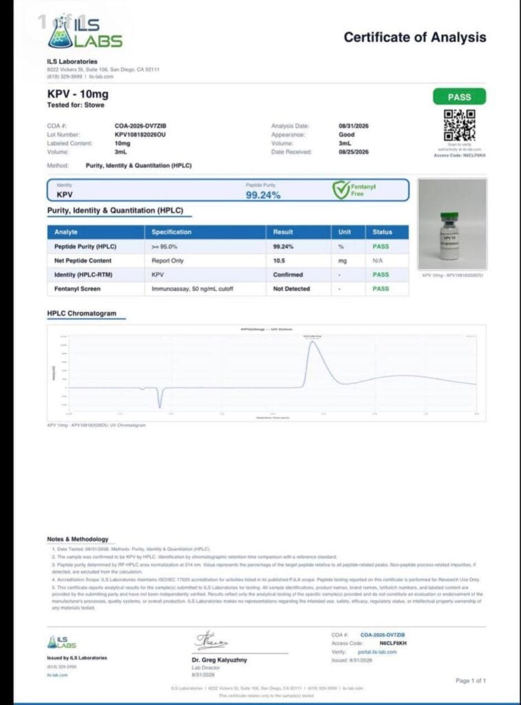 ILS Laboratories certificate of analysis for KPV 10mg: purity by HPLC, identity by HPLC retention time