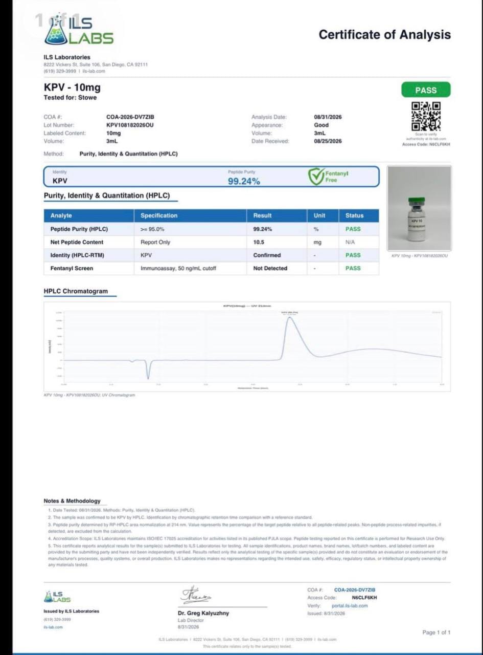 ILS Laboratories certificate COA-2026-DV7ZIB for a KPV 10mg sample showing 99.24% HPLC purity