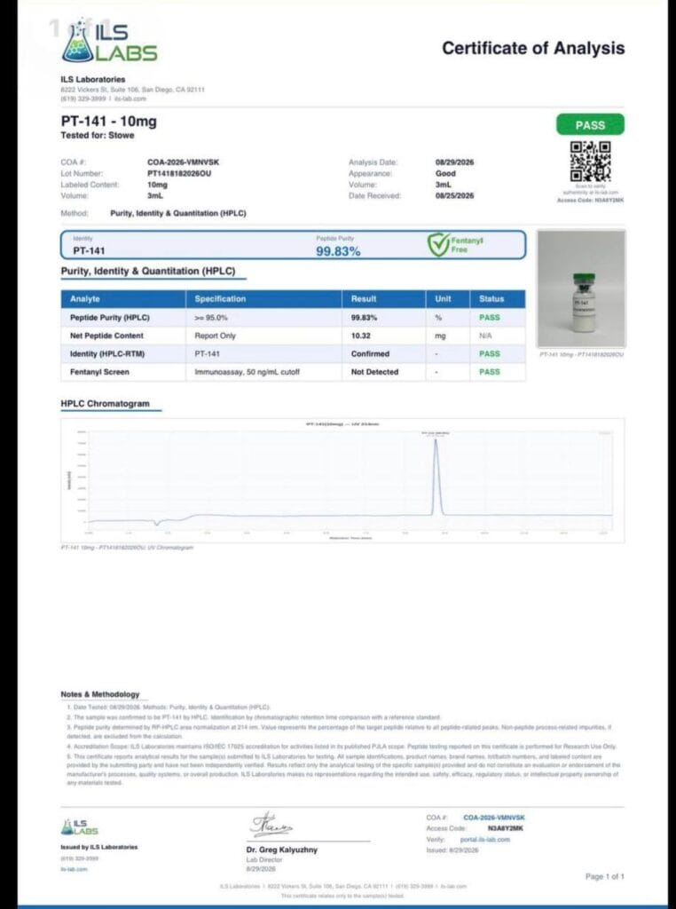 ILS Laboratories certificate of analysis for PT-141 10mg: purity by HPLC, identity by HPLC retention time