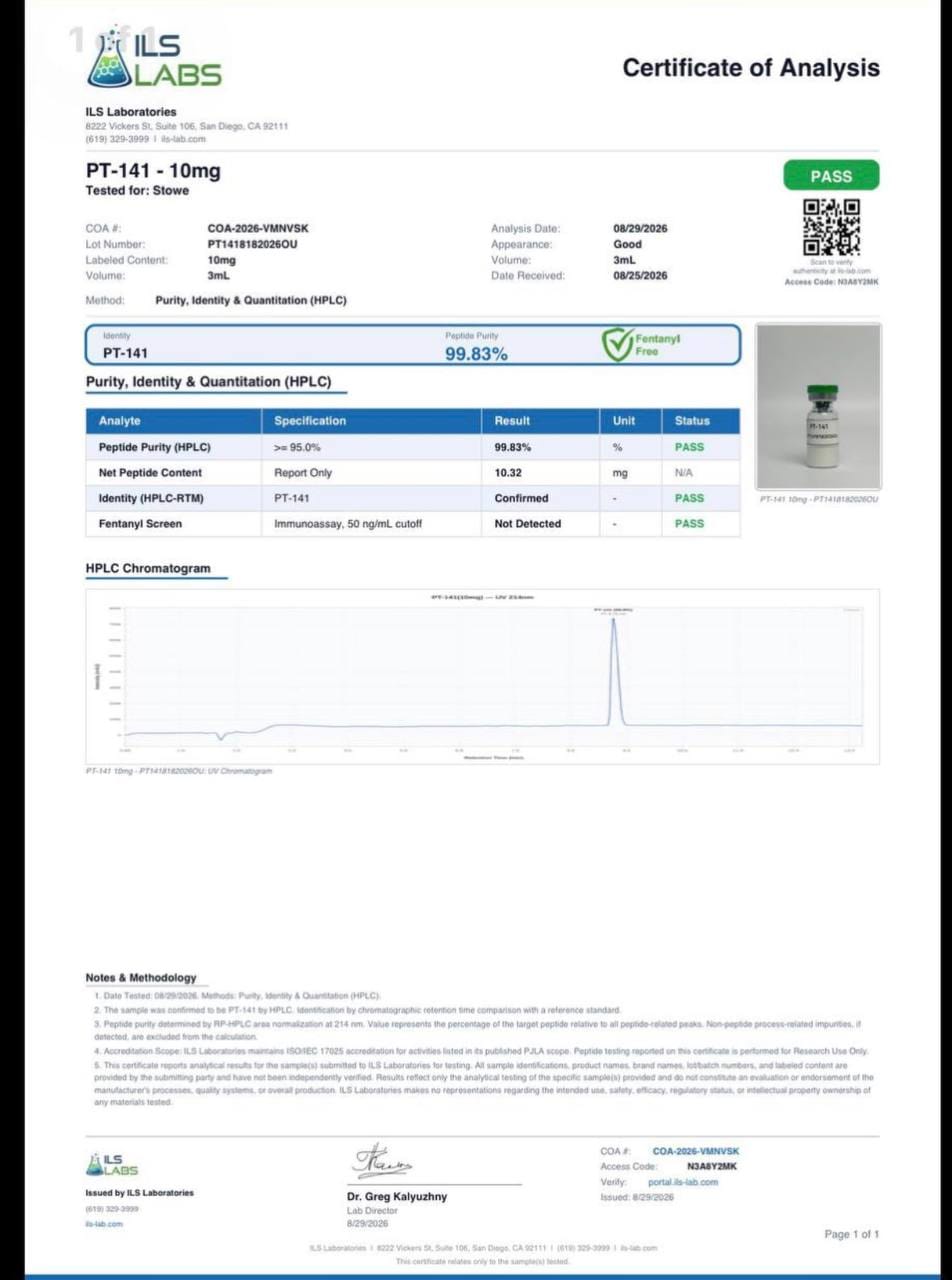 ILS Laboratories certificate COA-2026-VMNVSK for PT-141 10mg with 99.83% HPLC purity and a single-peak chromatogram