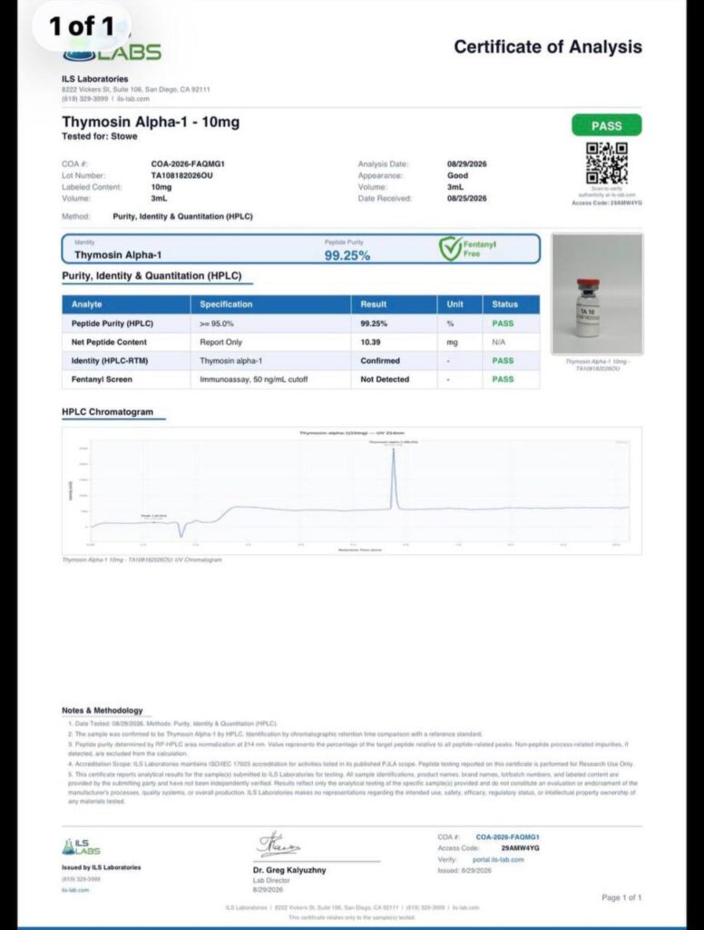 ILS Laboratories certificate of analysis for thymosin alpha-1 10mg: purity by HPLC, identity by HPLC retention time