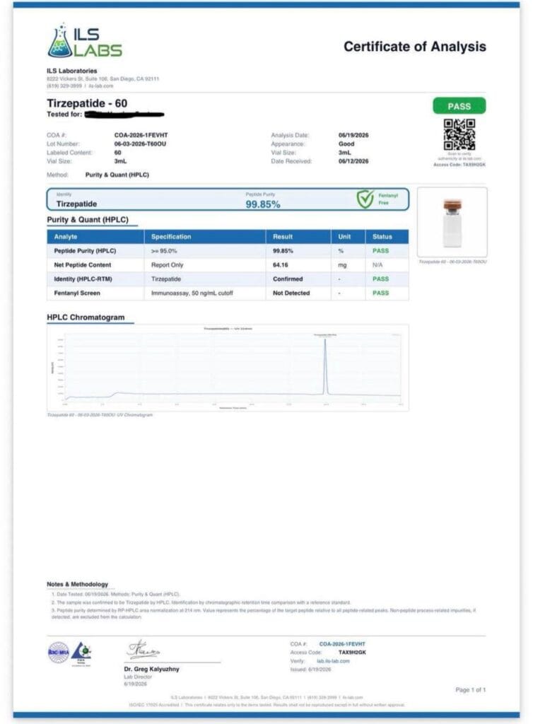 ILS third-party laboratory test report - ExoLabz batch certificate of analysis